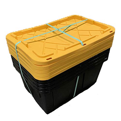 MonsterRAX 27 Gallon Storage Bins - Stackable, Lockable, Yellow Lids, Black Bin, 5-pack