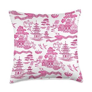 chinoiserie gifts by southerngal vintage blue willow chinoiserie pagoda pattern pink white throw pillow, 18x18, multicolor