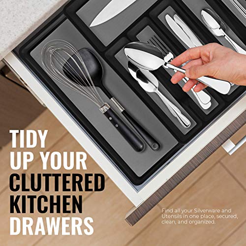 ELTOW Expandable Silverware Drawer Organizer & Utensil Tray Set, Non-Slip Kitchen Drawer Organizers and Storage, Kitchen Organization for Utensils, Cutlery, Office Supplies, Flatware Storage - Black