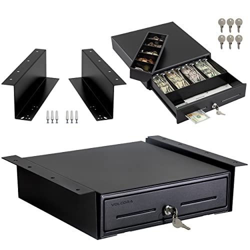 Cash Register Drawer with Under Counter Mounting Metal Bracket - 13" Black Cash Drawer for POS, 4 Bill 5 Coin Cash Tray, Removable Coin Compartment, 24V RJ11/RJ12 Key-Lock, Media Slot - For Businesses