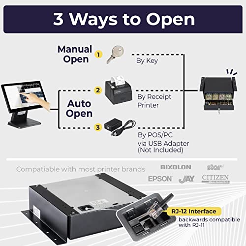 Cash Register Drawer with Under Counter Mounting Metal Bracket - 13" Black Cash Drawer for POS, 4 Bill 5 Coin Cash Tray, Removable Coin Compartment, 24V RJ11/RJ12 Key-Lock, Media Slot - For Businesses