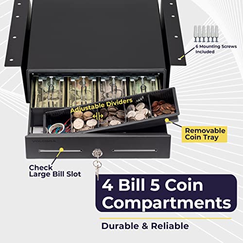 Cash Register Drawer with Under Counter Mounting Metal Bracket - 13" Black Cash Drawer for POS, 4 Bill 5 Coin Cash Tray, Removable Coin Compartment, 24V RJ11/RJ12 Key-Lock, Media Slot - For Businesses