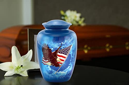 American Glory Urn, American Flag with Eagle Cremation Urn for Ashes, American Flag Soaring Eagle Urn, Patriotic Urn, Adult American Eagle Urn with Velvet Bag (Large)