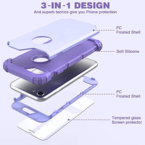 IDweel iPhone 8 Case with Tempered Glass Screen Protector, iPhone 7 Case, 3 in 1 Shockproof Hybrid Heavy Duty Hard PC Cover Soft Silicone Durable Bumper Full Body Durable Case, Purple