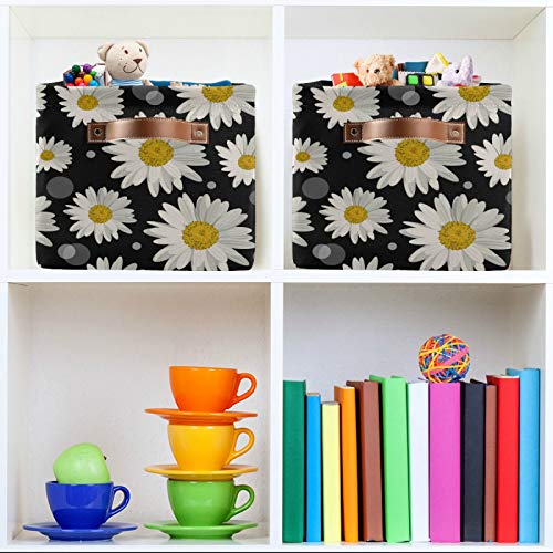 Mazeann Floral Daisy and Circles Storage Basket Bin Collapsible Foldable for Clothes Toys Storage Cabinets Waterproof Storage Box 15 x 11 x 9.5 inches, Black and White, 1PC