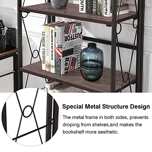 VECELO 5 Tier Bookshelf, Industrial Tall Bookcase with Metal Frames,Modern Standing Storage Rack Shelf Organizer for Home and Office,Dark Brown 24 x 12 x 62 inches