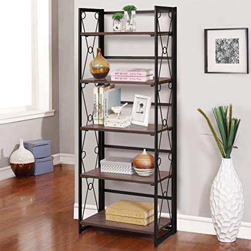 VECELO 5 Tier Bookshelf, Industrial Tall Bookcase with Metal Frames,Modern Standing Storage Rack Shelf Organizer for Home and Office,Dark Brown 24 x 12 x 62 inches