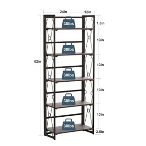 VECELO 5 Tier Bookshelf, Industrial Tall Bookcase with Metal Frames,Modern Standing Storage Rack Shelf Organizer for Home and Office,Dark Brown 24 x 12 x 62 inches