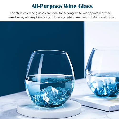 CUKBLESS Stemless Wine Glass Set of 2, Blue Crackle Wine Glasses for Red or White Wine, Hand Blown Lead-Free Glassware for Gift, Anniversary Party, Birthday, 17 Ounce