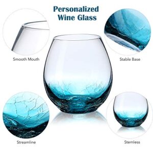 CUKBLESS Stemless Wine Glass Set of 2, Blue Crackle Wine Glasses for Red or White Wine, Hand Blown Lead-Free Glassware for Gift, Anniversary Party, Birthday, 17 Ounce