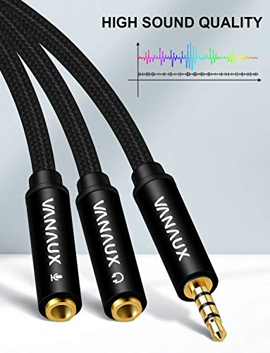 Headset Adapter Headphone Mic Y Splitter Cable, VANAUX 3.5mm Stereo Audio Male to 2 Female Separate Audio Microphone Plugs Compatible for PS4, Xbox One, Laptop, Phone, PC Gaming Headset