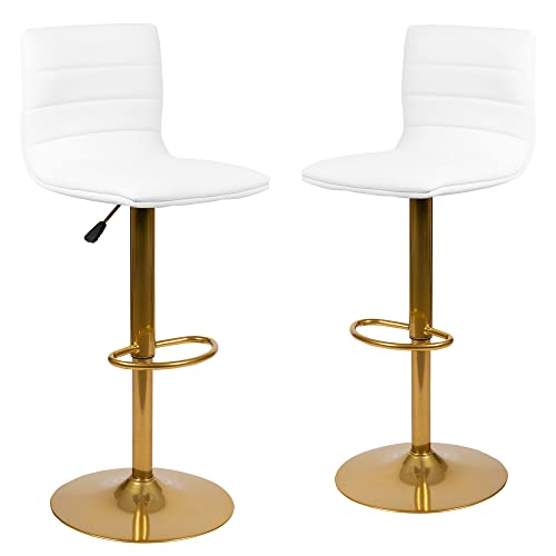 Flash Furniture Vincent Modern White Vinyl Adjustable Bar Stool with Back, Counter Height Swivel Stool with Gold Pedestal Base, Set of 2