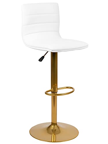 Flash Furniture Vincent Modern White Vinyl Adjustable Bar Stool with Back, Counter Height Swivel Stool with Gold Pedestal Base, Set of 2