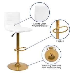 Flash Furniture Vincent Modern White Vinyl Adjustable Bar Stool with Back, Counter Height Swivel Stool with Gold Pedestal Base, Set of 2