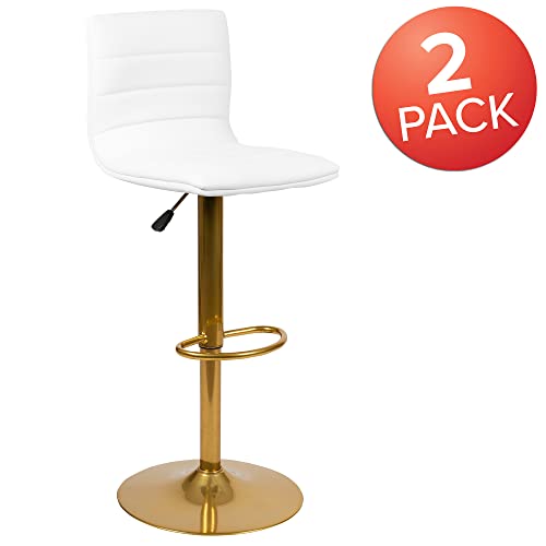 Flash Furniture Vincent Modern White Vinyl Adjustable Bar Stool with Back, Counter Height Swivel Stool with Gold Pedestal Base, Set of 2