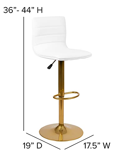 Flash Furniture Vincent Modern White Vinyl Adjustable Bar Stool with Back, Counter Height Swivel Stool with Gold Pedestal Base, Set of 2