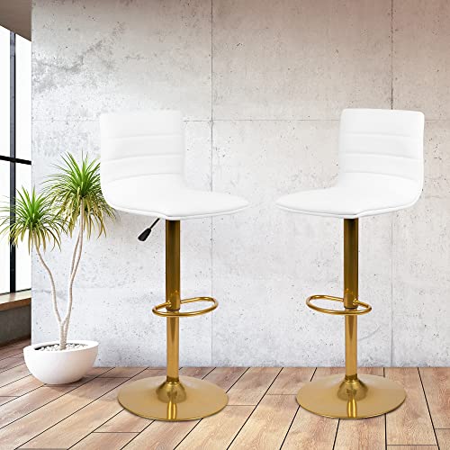 Flash Furniture Vincent Modern White Vinyl Adjustable Bar Stool with Back, Counter Height Swivel Stool with Gold Pedestal Base, Set of 2