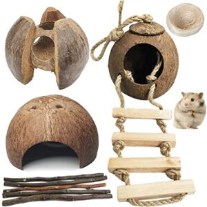 kathson natural coconut hut hamster hiding house pet cave small animal cage habitat decor hanging guinea pig toys with ladder for gerbils rats mice playing breeding 9pcs