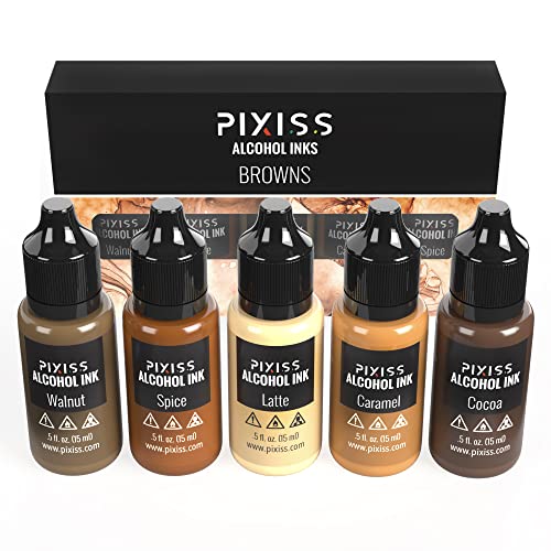 Pixiss Browns Alcohol Inks Set, 5 Highly Saturated Brown Alcohol Inks, for Resin Petri Dishes, Alcohol Ink Paper, Tumblers, Coasters, Resin Dye