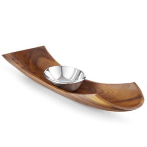 nambe - serveware collection - canu chip n dip server with dip bowl - measures at 22" x 5.5" - made with acacia wood and nambe alloy - designed by scott henderson