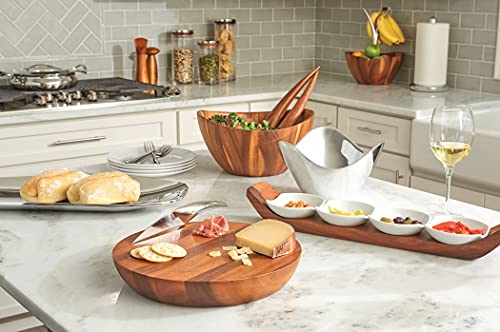 Nambe - Serveware Collection - Canu Chip N Dip Server with Dip Bowl - Measures at 22" x 5.5" - Made with Acacia Wood and Nambe Alloy - Designed by Scott Henderson