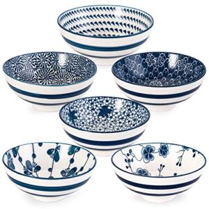 foraineam 6 pieces blue and white floral rice bowl set 8 oz japanese style cereal bowls, assorted designs