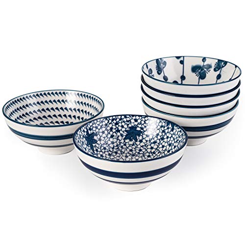 Foraineam 6 Pieces Blue and White Floral Rice Bowl Set 8 oz Japanese Style Cereal Bowls, Assorted Designs