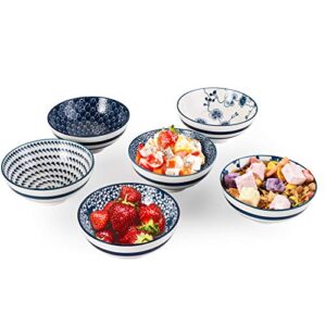 Foraineam 6 Pieces Blue and White Floral Rice Bowl Set 8 oz Japanese Style Cereal Bowls, Assorted Designs