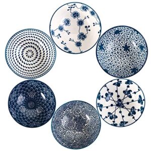 Foraineam 6 Pieces Blue and White Floral Rice Bowl Set 8 oz Japanese Style Cereal Bowls, Assorted Designs