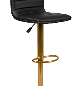 Flash Furniture Vincent Modern Black Vinyl Adjustable Bar Stool with Back, Counter Height Swivel Stool with Gold Pedestal Base, Set of 2