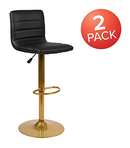 Flash Furniture Vincent Modern Black Vinyl Adjustable Bar Stool with Back, Counter Height Swivel Stool with Gold Pedestal Base, Set of 2