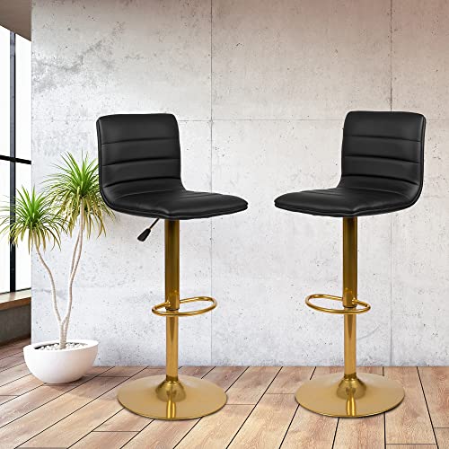 Flash Furniture Vincent Modern Black Vinyl Adjustable Bar Stool with Back, Counter Height Swivel Stool with Gold Pedestal Base, Set of 2