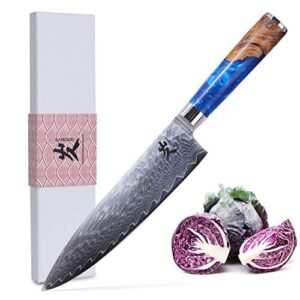 samcook chef knife - 8 inch professional sharp gyuto knife - japanese vg-10 damascus high carbon stainless steel kitchen cooking knife - ergonomic blue resin wood handle with gift box