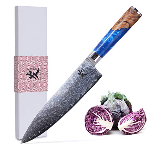 SAMCOOK Chef Knife - 8 Inch Professional Sharp Gyuto Knife - Japanese VG-10 Damascus High Carbon Stainless Steel Kitchen Cooking knife - Ergonomic Blue Resin Wood Handle with Gift Box