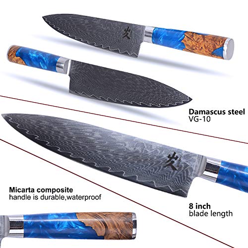 SAMCOOK Chef Knife - 8 Inch Professional Sharp Gyuto Knife - Japanese VG-10 Damascus High Carbon Stainless Steel Kitchen Cooking knife - Ergonomic Blue Resin Wood Handle with Gift Box