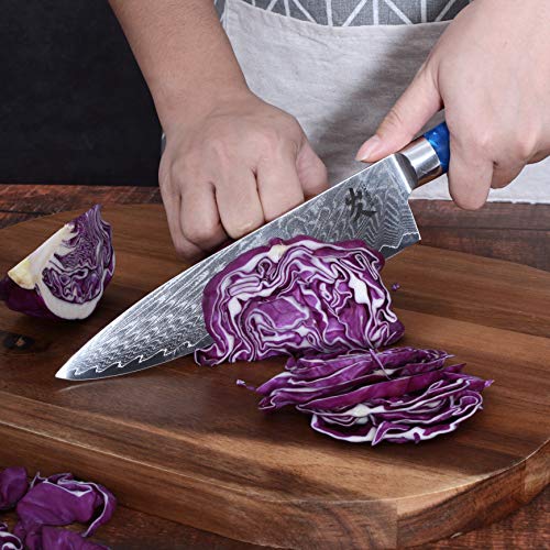 SAMCOOK Chef Knife - 8 Inch Professional Sharp Gyuto Knife - Japanese VG-10 Damascus High Carbon Stainless Steel Kitchen Cooking knife - Ergonomic Blue Resin Wood Handle with Gift Box