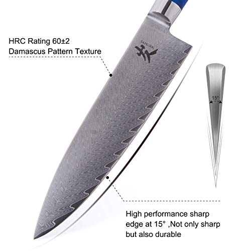 SAMCOOK Chef Knife - 8 Inch Professional Sharp Gyuto Knife - Japanese VG-10 Damascus High Carbon Stainless Steel Kitchen Cooking knife - Ergonomic Blue Resin Wood Handle with Gift Box