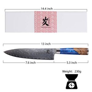 SAMCOOK Chef Knife - 8 Inch Professional Sharp Gyuto Knife - Japanese VG-10 Damascus High Carbon Stainless Steel Kitchen Cooking knife - Ergonomic Blue Resin Wood Handle with Gift Box