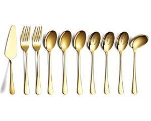 gold 10-piece serving flatware silverware set,stainless steel serving utensil set,include slotted serving spoon, serving spoon, cake server, serving fork, soup ladle