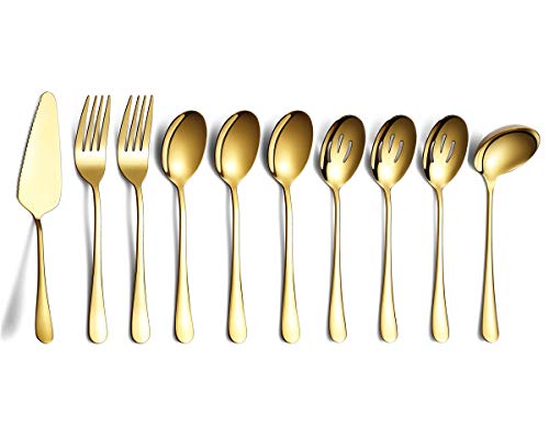 Gold 10-Piece Serving Flatware Silverware Set,Stainless Steel Serving Utensil Set,Include Slotted Serving Spoon, Serving Spoon, Cake Server, Serving Fork, Soup Ladle