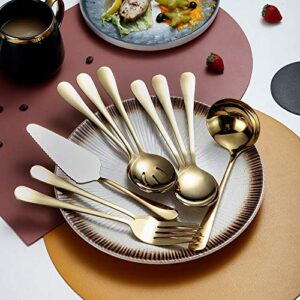 Gold 10-Piece Serving Flatware Silverware Set,Stainless Steel Serving Utensil Set,Include Slotted Serving Spoon, Serving Spoon, Cake Server, Serving Fork, Soup Ladle