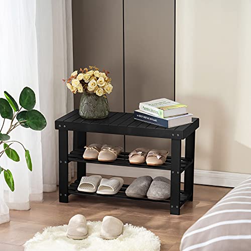 APICIZON Bamboo Shoe Rack for Entryway, 3-Tier Shoe Rack Bench for Front Indoor Entrance, Small Shoe Organizer with Storage, Black