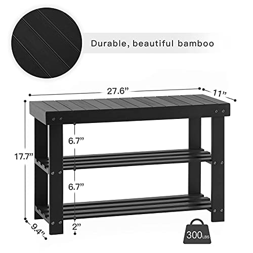 APICIZON Bamboo Shoe Rack for Entryway, 3-Tier Shoe Rack Bench for Front Indoor Entrance, Small Shoe Organizer with Storage, Black