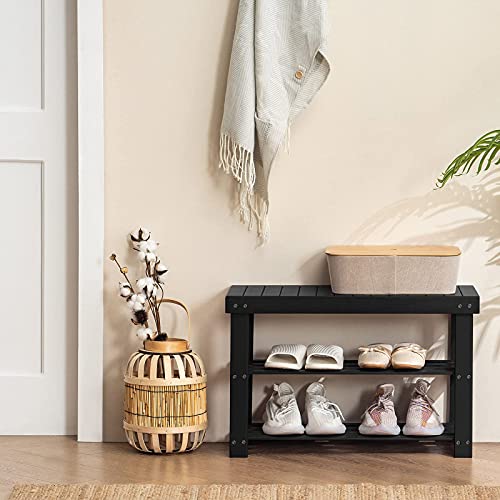 APICIZON Bamboo Shoe Rack for Entryway, 3-Tier Shoe Rack Bench for Front Indoor Entrance, Small Shoe Organizer with Storage, Black