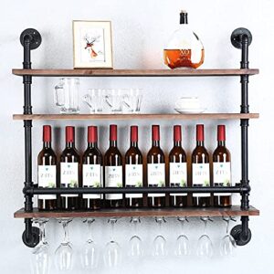 haovon industrial pipe shelf wine rack wall mounted with 9 stem glass holder,3-tiers rustic floating bar shelves wine shelf,36in real wood shelves wall shelf unit,pipe shelving glass rack