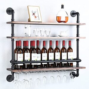 HAOVON Industrial Pipe Shelf Wine Rack Wall Mounted with 9 Stem Glass Holder,3-Tiers Rustic Floating Bar Shelves Wine Shelf,36in Real Wood Shelves Wall Shelf Unit,Pipe Shelving Glass Rack