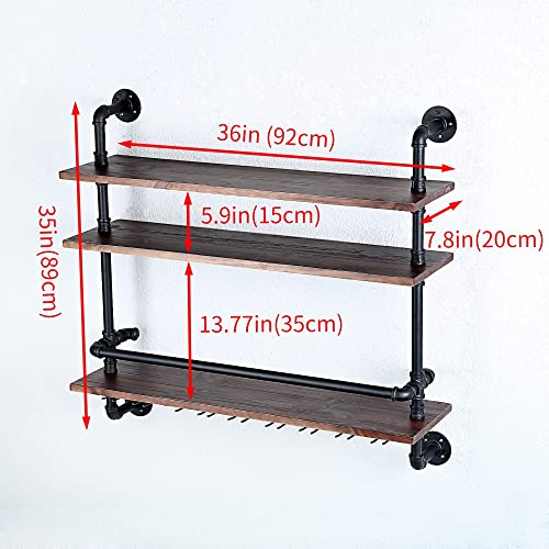 HAOVON Industrial Pipe Shelf Wine Rack Wall Mounted with 9 Stem Glass Holder,3-Tiers Rustic Floating Bar Shelves Wine Shelf,36in Real Wood Shelves Wall Shelf Unit,Pipe Shelving Glass Rack