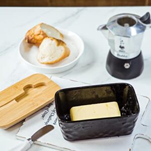 Large Butter Dish with Lid for Countertop Porcelain Butter Container with Knife Double Silicone Seal Butter Dishes with Covers Perfect for West or East Coast Butter, Unique Stone Pattern Black