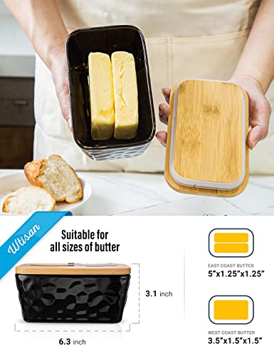 Large Butter Dish with Lid for Countertop Porcelain Butter Container with Knife Double Silicone Seal Butter Dishes with Covers Perfect for West or East Coast Butter, Unique Stone Pattern Black