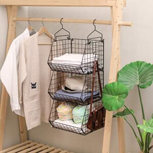 X-cosrack 3 Tier Foldable Closet Organizer, Clothes Shelves with 5 S Hooks, Wall Mount&Cabinet Wire Storage Basket Bins, for Clothing Sweaters Shoes Handbags Clutches Accessories Patent Design